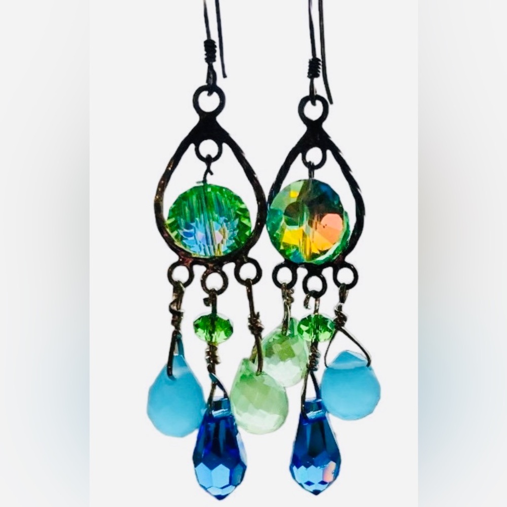 Handmade Blue Green Crystal Sterling Silver Chandelier Earrings